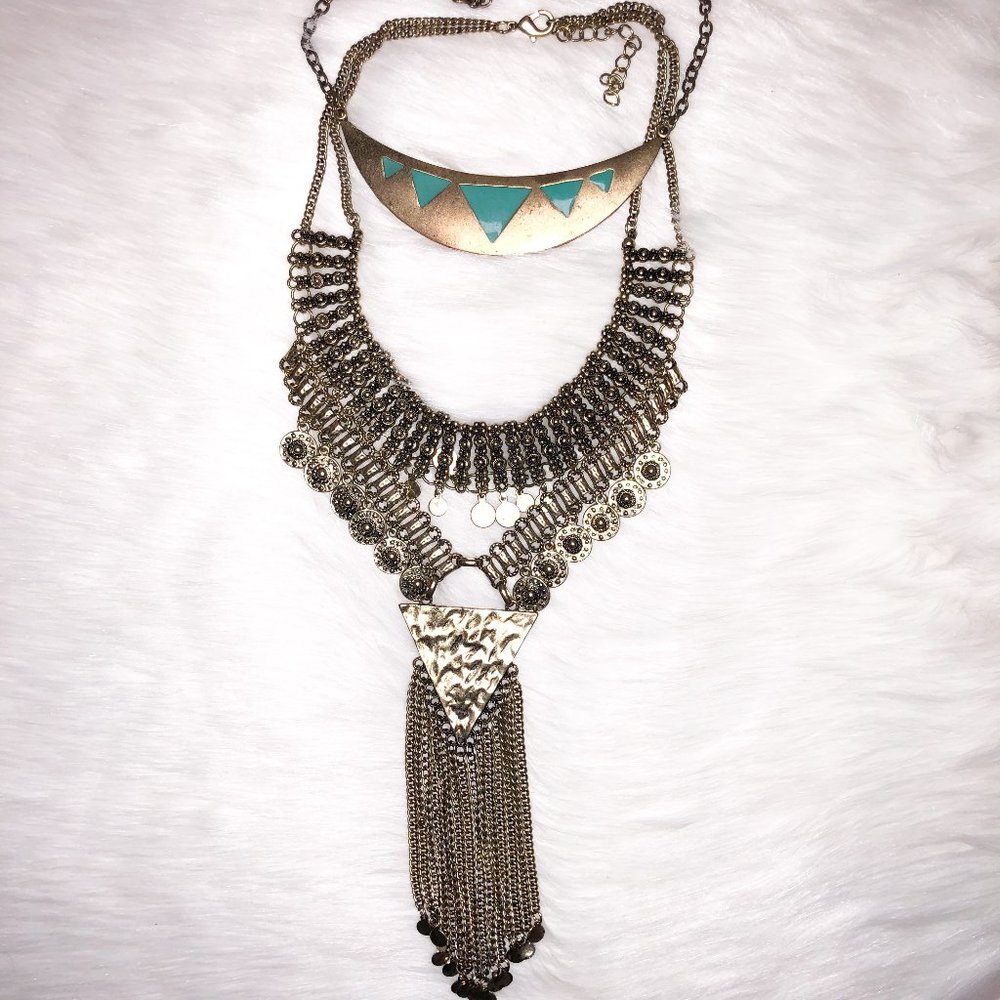 Lot of 2 Gold & Turquoise Statement Necklaces